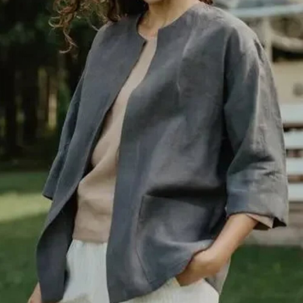 EILEEN FISHER STRETCH LINEN-BLEND OPEN FRONT STAND COLLAR KIMONO JACKET TOP XL